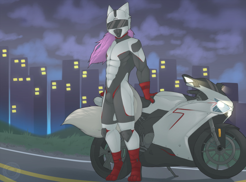 abs anthro armor biker boots bulge canid canine canis city clothing digital_media_(artwork) footwear gloves handwear headgear helmet latex leather male mammal manly motorcycle muscular pose shaded skinsuit solo spazzyhusky tight_clothing vehicle wolf