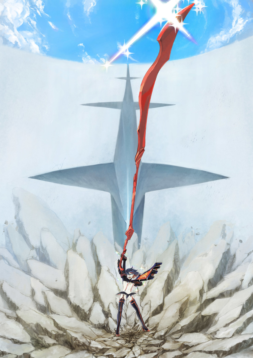 absurdres bad_id bad_pixiv_id blue_eyes boots breasts cloud commentary_request female gur_(guryuu) highres kill_la_kill matoi_ryuuko medium_breasts multicolored_hair rubble scissor_blade_(kill_la_kill) senketsu sky suspenders sword thigh_boots thighhighs two-tone_hair underboob weapon