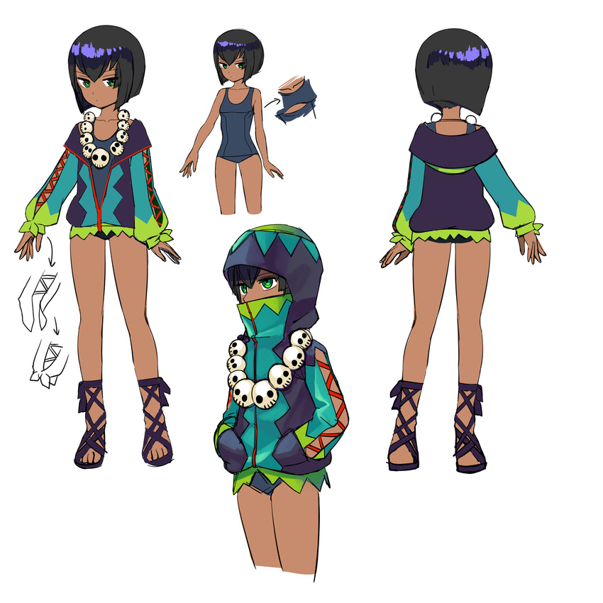 black_hair blue_one-piece_swimsuit bob_cut collarbone commentary_request covered_mouth dark_skin facing_away female genderswap_(mtf) green_eyes high_collar highres hood hoodie jewelry journey_to_the_west multiple_views necklace one-piece_swimsuit otosama reference_sheet rule_63 sandals school_swimsuit sha_wujing short_hair skull_necklace swimsuit tied_sleeves