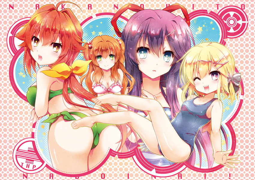 4girls ;d ahoge amamoto_louis ass bare_arms bare_shoulders bikini bikini_top_only black_ribbon blonde_hair blue_eyes blue_one-piece_swimsuit blush bow breasts cleavage closed_mouth collarbone commentary_request copyright_name cowboy_shot frilled_bikini frills front-tie_bikini_top front-tie_top full_body green_bikini green_eyes groin hair_between_eyes hair_bobbles hair_flaps hair_intakes hair_ornament hair_ribbon hairbow hairclip halftone halftone_background hands_up hondou_ayano kamishiro_yuka kirihara_saori leaning_forward legs_together long_hair looking_at_viewer looking_back low_ponytail medium_breasts multiple_girls naka_no_hito_nado_inai! navel one-piece_swimsuit one_eye_closed open_mouth orange_hair outstretched_hand parted_lips pink_background pink_bikini plantar_flexion purple_eyes purple_hair red_hair red_ribbon ribbon shiny_skin short_hair side-tie_bikini_bottom sidelocks small_breasts smile star_(symbol) striped swimsuit trefoil two_side_up upper_body v_arms yamadori_ofuu yellow_eyes