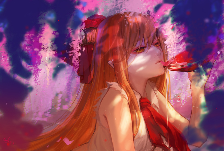 alcohol blurry chinese_commentary commentary_request cup female flower guan_tang_baozi hair_ornament hair_ribbon highres horns ibuki_suika lips long_hair looking_away orange_eyes orange_hair parted_lips petals photoshop_(medium) pointy_ears ribbon sakazuki sake shade shirt sleeveless solo touhou upper_body