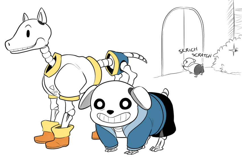 alternate_species animated_skeleton bone boots brother_(lore) brothers_(lore) canid canine canis clothing cubewatermelon digital_media_(artwork) domestic_dog duo footwear hoodie male mammal papyrus_(undertale) sans_(undertale) sibling_(lore) skeleton topwear undead undertale undertale_(series)