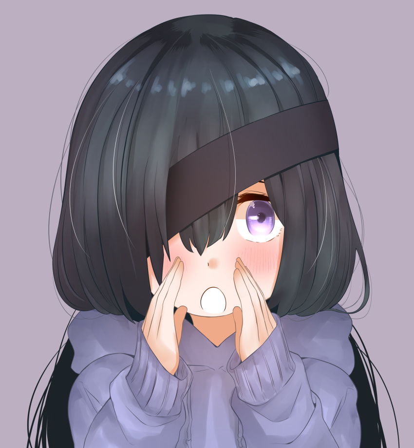 :o absurdres black_hair blush commentary_request fate/grand_order fate_(series) female hair_over_one_eye hand_to_own_mouth hands_up highres hood hood_down hoodie long_hair long_sleeves looking_at_viewer mochizuki_chiyome_(fate) open_mouth purple_background purple_eyes purple_hoodie simple_background sleeves_past_wrists solo tanuki_(siutkm0228) very_long_hair