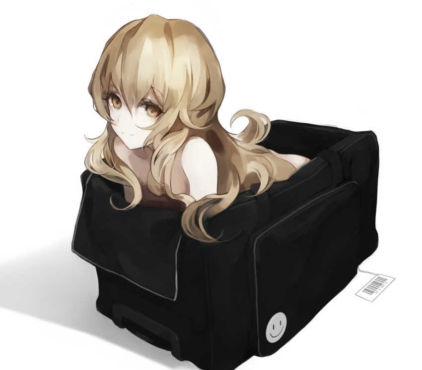 bad_id bad_pixiv_id bag barcode black_bag blonde_hair brown_eyes closed_mouth commentary female gyup hair_between_eyes in_bag in_container long_hair looking_at_viewer nude original revision shadow simple_background smile solo symbol-only_commentary tareme white_background