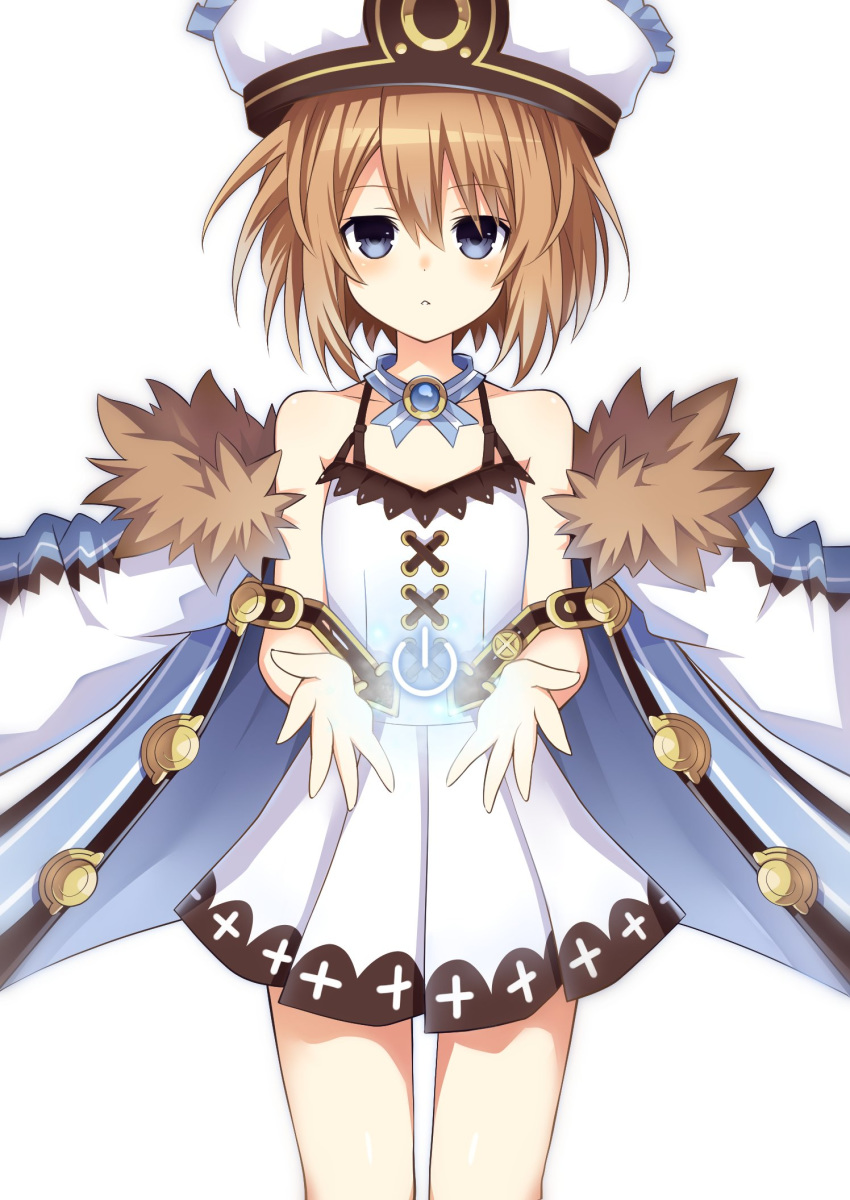 bare_shoulders blanc_(neptunia) blue_eyes blush brown_hair coat commentary_request cowboy_shot dress female fur_trim hair_between_eyes hat highres looking_at_viewer neptune_(series) off_shoulder parted_lips pleated_dress power_symbol short_hair simple_background solo spaghetti_strap tareme white_background white_dress zero_(ray_0805)