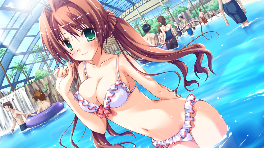 bikini breasts brown_hair cleavage game_cg green_eyes highres iro_ni_ide_ni_keri_waga_koi_wa long_hair narumi_yuu smile suzueda_komachi swimsuit water