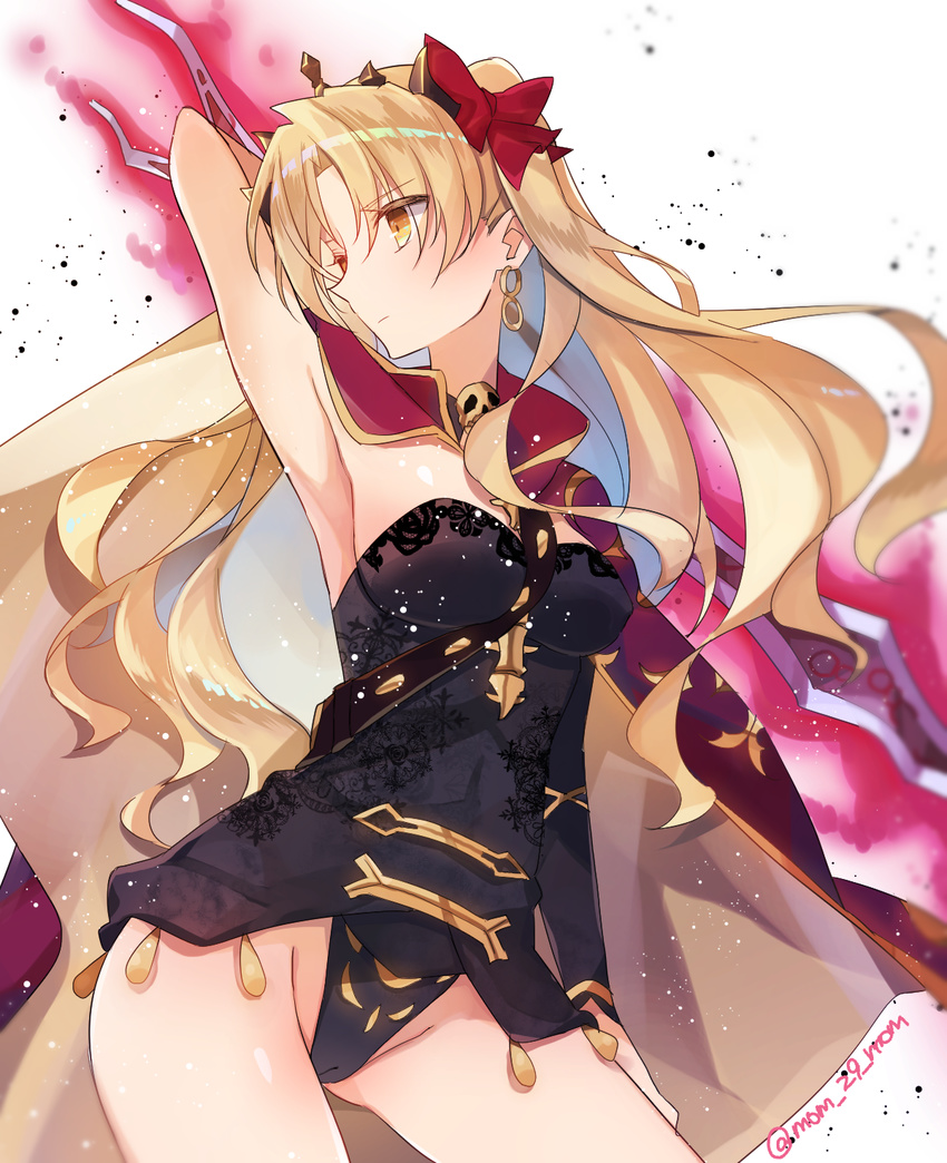 arm_behind_head arm_up armpits between_breasts blonde_hair bow breasts cameltoe cape commentary_request cowboy_shot dress earrings ereshkigal_(fate) fate/grand_order fate_(series) female fire flaming_weapon gold_earrings gold_trim hairbow highres infinity_symbol jewelry long_hair looking_to_the_side medium_breasts meslamtaea_(weapon) mom_29_mom pink_fire red_bow red_cape skull skull_ornament solo spine strap_between_breasts tiara twitter_username two-sided_cape two-sided_fabric two_side_up weapon weapon_behind_back yellow_cape yellow_eyes