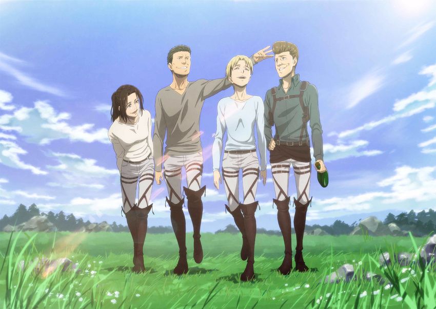 2boys 2girls :d arm_up blonde_hair boots bottle brown_footwear brown_hair brown_shirt cloud cloudy_sky collared_shirt commentary_request day dress_shirt field flower forest gelgar_(shingeki_no_kyojin) grass grey_pants henning_(shingeki_no_kyojin) highres holding holding_bottle holster leaning_forward lens_flare looking_at_another looking_up lynne_(shingeki_no_kyojin) military military_uniform multiple_boys multiple_girls nanaba nature official_art open_mouth outdoors pants paradis_military_uniform rock shingeki_no_kyojin shirt short_hair sky smile suspenders thigh_holster tree uniform walking white_shirt