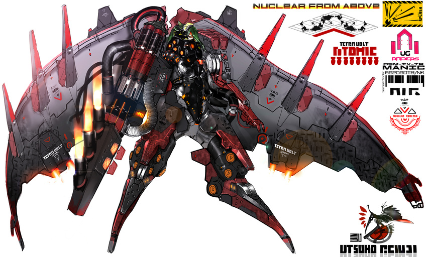 absurdres alternate_costume alternate_hair_color alternate_weapon arm_cannon bad_id bad_pixiv_id barcode bodysuit cannon character_name derorin8641 english_text exhaust female fire full_body highres looking_to_the_side machinery mechanical_wings red_eyes reiuji_utsuho simple_background solo symbol touhou weapon white_background wings