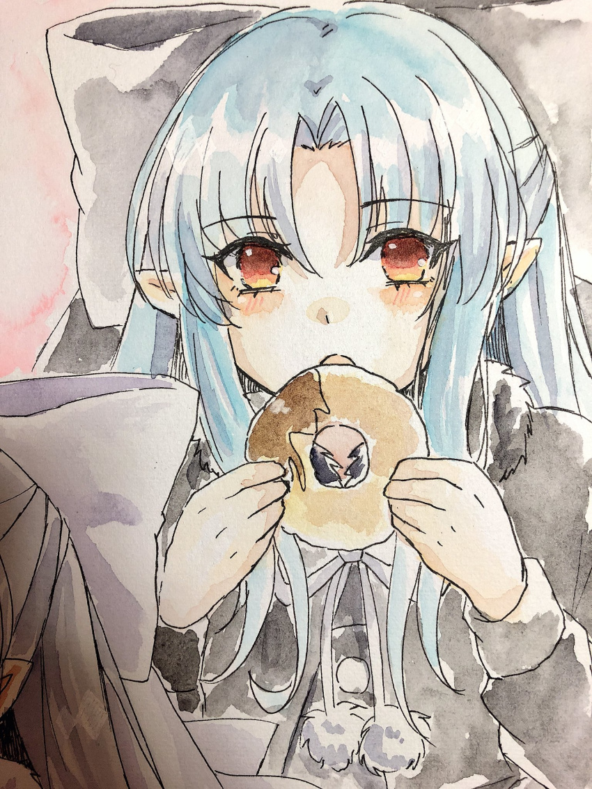 :o blue_hair bow capelet doughnut female food fur-trimmed_capelet fur_trim grey_bow grey_capelet grey_ribbon hairbow highres holding holding_food kagetsu_tooya len_(tsukihime) long_hair long_sleeves looking_at_viewer neck_ribbon open_mouth photo_(medium) pointy_ears red_eyes ribbon solo tanaji traditional_media tsukihime