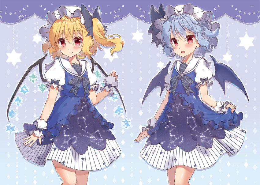 2girls :d alternate_costume auriga_(constellation) bat_wings beni_kurage blonde_hair blue_background blue_bow blue_dress blue_hair blush bow camelopardalis_(constellation) cancer_(constellation) canis_minor_(constellation) cassiopeia_(constellation) closed_mouth commentary constellation constellation_costume constellation_print cowboy_shot crystal dress fang_out fingernails flandre_scarlet gemini_(constellation) hair_between_eyes hat hat_bow hexagram highres looking_at_viewer mob_cap multiple_girls oerba_yun_fang one_side_up open_mouth orion_(constellation) puffy_short_sleeves puffy_sleeves red_eyes remilia_scarlet sailor_collar sailor_dress short_hair short_sleeves siblings sisters skirt_hold smile standing star_(symbol) star_map star_print starry_sky_print striped striped_bow taurus_(constellation) thighs touhou vertical_stripes white_hat white_sailor_collar wings wrist_cuffs