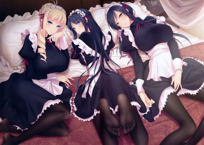 3girls absurdres antenna_hair apron bed bertille_althusser black_eyes black_hair black_legwear blonde_hair blue_eyes blush breasts covering_crotch covering_privates cup drill_hair drinking_glass f-cla feet foot_focus hair_bun highres hiiragi_ayako incredibly_absurdres large_breasts light_smile long_hair looking_at_viewer looking_back lying maid maid_apron maid_headdress multiple_girls no_shoes on_back on_bed on_stomach pantyhose parted_lips pillow ryuuzouji_akane single_hair_bun soles toes walkure_romanze wine_glass