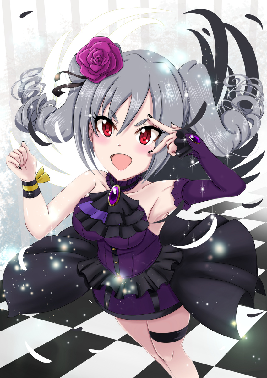 angel_wings commentary_request daiichi_(1279220) dress drill_hair female grey_hair highres idolmaster idolmaster_cinderella_girls kanzaki_ranko long_hair open_mouth red_eyes rosenburg_engel_(idolmaster) solo twin_drills twintails wings