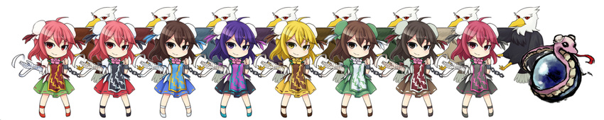 alternate_color bandaged_arm bandages bird blonde_hair brown_eyes brown_hair commentary_request double_bun female flower hair_bun highres ibaraki_kasen looking_at_viewer pink_hair player_2 puffy_sleeves purple_eyes purple_hair red_eyes shirt shoes short_sleeves skirt smile tabard touhou urban_legend_in_limbo wide_image wrist_cuffs yellow_eyes ys_(fall)