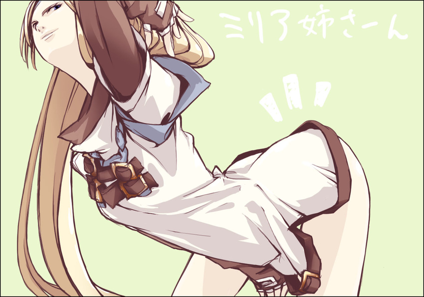 bent_over blonde_hair blue_hair breasts commentary_request dress dress_tug female fingerless_gloves gloves guilty_gear long_hair millia_rage noraico photoshop_(medium) short_dress solo translation_request very_long_hair