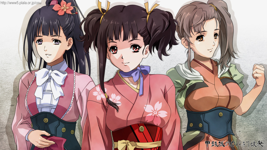 3girls choker commentary_request highres japanese_clothes kajika_(kabaneri) kimono koutetsujou_no_kabaneri looking_at_viewer multiple_girls mumei_(kabaneri) nolia ribbon_choker smile yomogawa_ayame