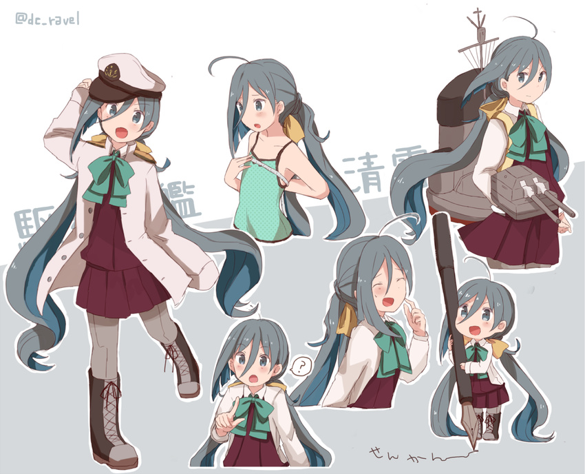 :d ? ^_^ ^o^ admiral_(kantai_collection) admiral_(kantai_collection)_(cosplay) ahoge anchor_symbol antenna_hair arm_behind_back arm_up armpits artist_name backpack bag bare_shoulders blue_bow blue_bowtie blue_hair blush boots bow bowtie brown_boots bust_measuring camisole cannon chibi closed_eyes closed_mouth collarbone cowboy_shot cropped_legs cross-laced_footwear dress epaulettes eyebrows eyebrows_visible_through_hair finger_to_cheek flat_chest fountain_pen full_body grey_eyes grey_hair grey_legwear gun hair_between_eyes hairbow hands_in_sleeves hat head_tilt holding holding_gun holding_weapon index_finger_raised jacket kantai_collection kiyoshimo_(kantai_collection) long_hair long_sleeves low_twintails machinery measuring military military_uniform multicolored_hair multiple_views naval_uniform open_mouth oversized_object pantyhose peaked_cap pen pleated_skirt pointing pointing_at_viewer red_skirt red_vest riz_(ravel_dc) scratching_cheek shirt shoelaces silver_eyes silver_hair skirt sleeveless sleeveless_dress sleeves_past_wrists smile spoken_question_mark sweatdrop tape_measure text translation_request turret twintails uniform upper_body very_long_hair walking weapon white_shirt writing yellow_bow