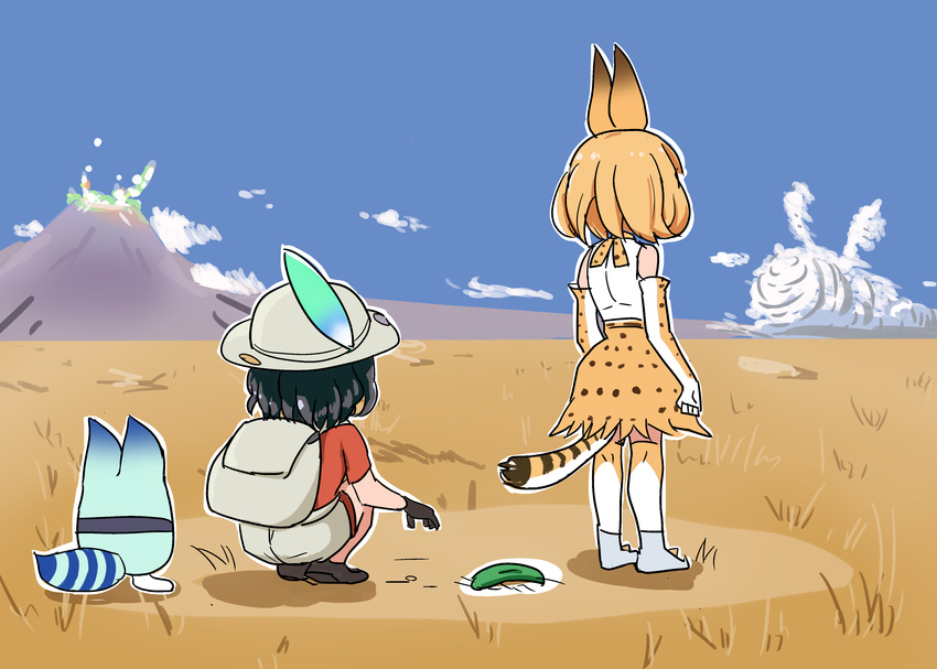 2girls absurdres animal_ears backpack bag black_gloves black_hair cloud commentary_request cucumber day elbow_gloves gloves hat hat_feather helmet high-waist_skirt highres kaban_(kemono_friends) kemono_friends lucky_beast_(kemono_friends) mountain multiple_girls no_legwear outdoors pith_helmet plains_zebra_(kemono_friends) red_shirt rogubo savanna_striped_giant_slug_(kemono_friends) savannah serval_(kemono_friends) serval_print shirt short_hair shorts skirt sleeveless sleeveless_shirt slug striped_tail tail