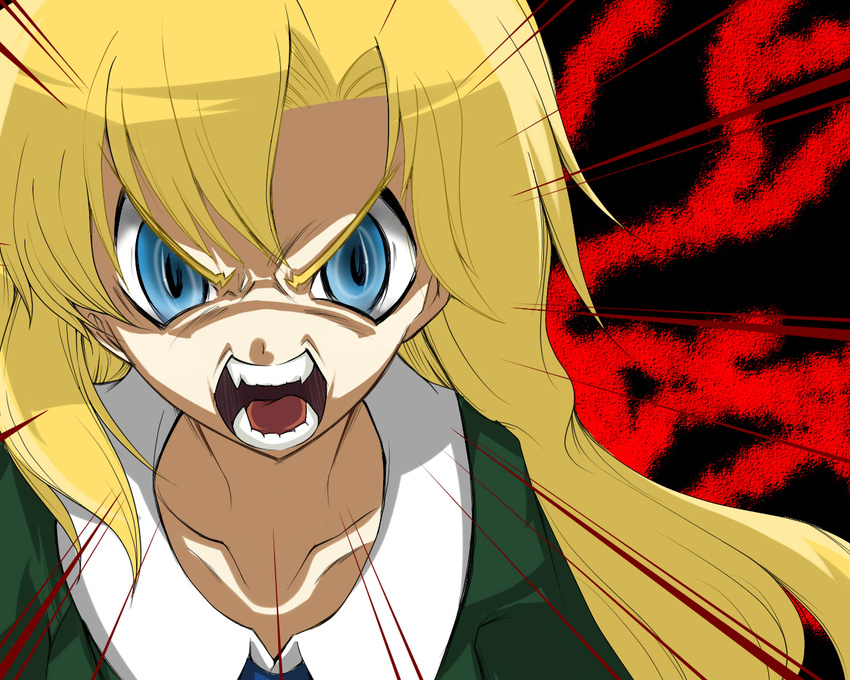 blonde_hair blue_eyes collarbone commentary crazy_eyes female higurashi_no_naku_koro_ni ib_(kouri) long_hair mary_(ib) parody parted_bangs scene_reference shan_grila sharp_teeth sidelocks solo style_parody teeth uso_da