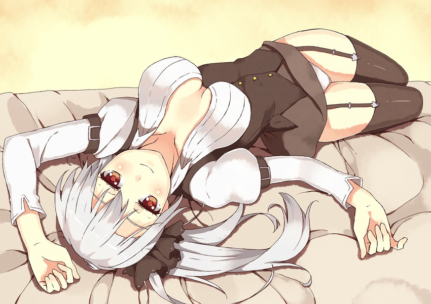 arm_belt blush breasts brown_thighhighs commentary_request female frey_(machine-doll) garter_straps grey_hair large_breasts long_sleeves looking_at_viewer lying machine-doll_wa_kizutsukanai panties ponishi. red_eyes side_ponytail smile solo thighhighs underwear white_panties