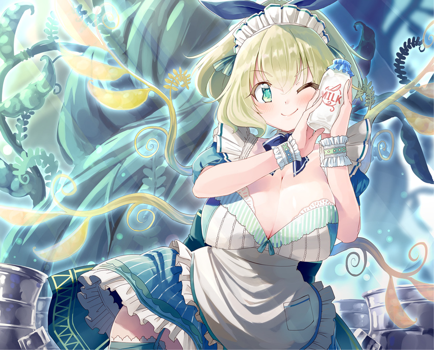 ;) apron blonde_hair blue_eyes blush bottle breasts cell_(card_game) cleavage commentary_request female garter_straps hands_up holding holding_bottle large_breasts looking_at_viewer maid_apron maid_headdress milk_bottle naka_akira one_eye_closed original personification plant pocket rhizobium_(cell) smile solo thighhighs wrist_cuffs