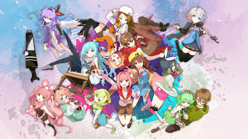 >:) 2boys 6+girls :d :o ahoge angel_wings apron aries_(constellation) arm_up backwards_hat bare_shoulders baseball_cap bird black_bow black_bowtie black_cape black_footwear black_hair black_hairband black_hat black_thighhighs blonde_hair blouse blue_apron blue_bow blue_eyes blue_hair blue_legwear blue_neckerchief blue_shorts blunt_bangs bow bow_(music) bowtie braid breasts brown-framed_eyewear brown_dress brown_eyes brown_footwear brown_hair brown_pants brown_shorts brown_vest bun_cover cancer_(constellation) cane cape chair character_request cleavage clenched_hand closed_mouth clover@ collarbone commentary_request constellation constellation_print copyright_request corset detached_collar doll double_bun dress expressionless facepaint feathered_wings fedora fish_hair_ornament floating_hair flower french_braid from_above from_behind fur-trimmed_shorts fur_trim garter_straps gayageum_(instrument) glasses gradient_hair green_bow green_bowtie green_dress green_eyes green_footwear green_hair green_jacket green_neckerchief green_sailor_collar green_skirt grey_footwear grey_legwear haegeum hair_between_eyes hair_bun hair_flower hair_intakes hair_ornament hairband hairbow hand_in_pocket hand_on_headwear hand_on_own_hip hand_up hands_up hat headdress highres holding holding_clothes holding_hands holding_hat holding_instrument holding_paintbrush hood hood_down hoodie hugging_object index_finger_raised instrument interlocked_fingers jacket kneehighs leg_up leo_(constellation) loafers long_hair long_sleeves looking_at_viewer looking_away looking_back looking_up medium_breasts multicolored_eyes multicolored_hair multiple_boys multiple_girls neckerchief one_side_up open_clothes open_jacket open_mouth orange_eyes orange_hair orange_shirt outstretched_arm outstretched_hand outstretched_leg paint paint_splatter paint_splatter_on_face paintbrush palette_(object) pants photoshop_(medium) pink-framed_eyewear pink_bow pink_bowtie pink_eyes pink_hair pink_legwear pink_neckerchief pink_sailor_collar pink_shirt pink_shorts polka_dot polka_dot_legwear print_thighhighs purple_dress purple_eyes purple_hair rabbit_tail red_bow red_cape red_eyes round_teeth sailor_collar semi-rimless_eyewear shirt shoes short_dress short_eyebrows short_hair short_ponytail shorts side_braid side_ponytail sitting skirt sleeveless sleeveless_dress sleeves_rolled_up smile socks standing strapless strapless_dress striped_bow striped_clothes striped_neckerchief striped_shirt stuffed_animal stuffed_toy suspender_shorts suspenders tail tareme teeth thick_eyebrows thighhighs twintails two-tone_hair under-rim_eyewear unworn_hat unworn_headwear upside-down v v-shaped_eyebrows very_long_hair vest virgo_(constellation) wavy_mouth white_bow white_dress white_flower white_footwear white_hair white_hat white_jacket white_legwear white_shirt white_wings wings wooden_chair wrist_cuffs wristband yellow_bow yellow_eyes yellow_hat yellow_neckerchief yellow_shirt