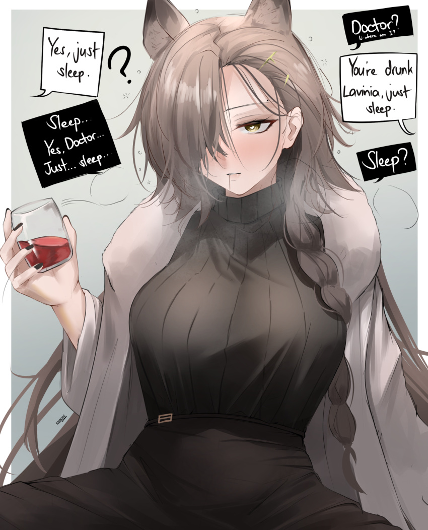 alcohol animal_ears arknights border braid breasts brown_hair commentary_request cup dialogue_box drooling english_text eroborne extra_ears female glass hair_ornament hair_over_one_eye hairclip highres holding holding_cup hypnosis jacket large_breasts long_hair mind_control mole mole_above_eye open_clothes open_jacket outside_border penance_(arknights) rolling_eyes saliva saliva_trail shirt_tucked_in sleeping solo sweater tented_shirt turtleneck turtleneck_sweater white_border wine wolf_ears wolf_girl