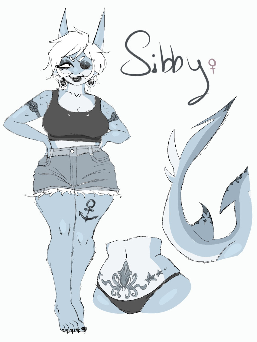 anchor_tattoo anthro bottomwear clothing cutoffs denim denim_bottomwear denim_clothing female female_symbol fish gender_symbol hi_res knot_tattoo lips marine shark shorts sibby sibbyshark solo symbol tail tattoo thick_bottom_lip thong underwear