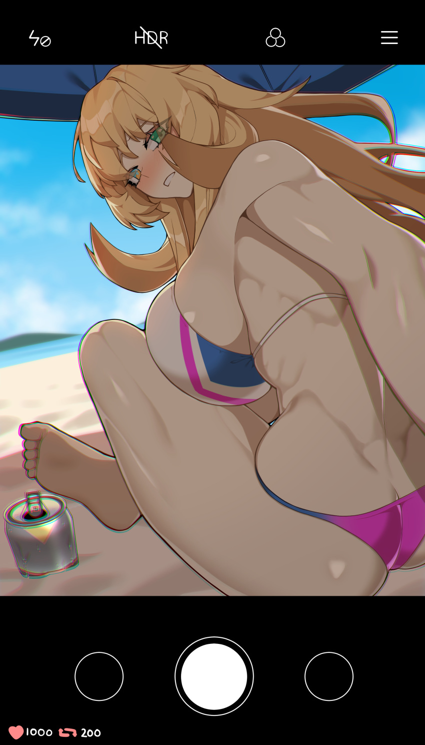 absurdres bare_shoulders barghest_(fate) barghest_(swimsuit_archer)_(fate) barghest_(swimsuit_archer)_(final_ascension)_(fate) beach bikini blonde_hair breasts cellphone_photo fate/grand_order fate_(series) female green_eyes grin highres hyperbudd large_breasts long_hair looking_at_viewer looking_back multicolored_bikini multicolored_clothes sitting smile solo swimsuit thick_thighs thighs toned white_bikini