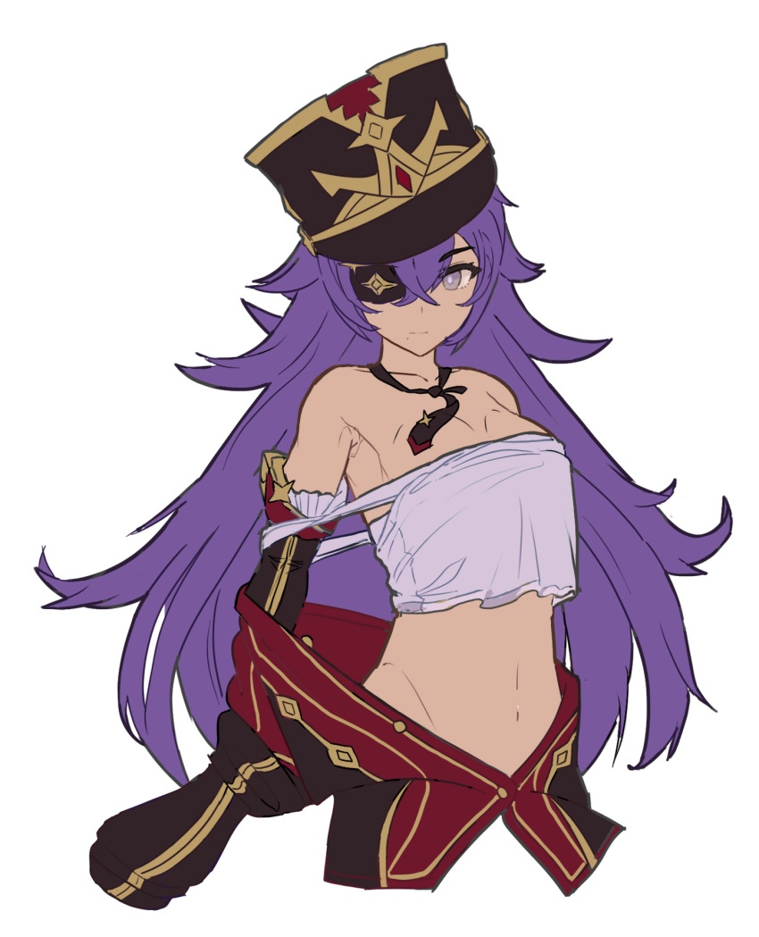 bare_shoulders black_hat black_necktie bright_pupils chevreuse_(genshin_impact) crop_top detached_sleeves eyepatch female genshin_impact grey_eyes hat highres long_hair looking_at_viewer midriff navel necktie purple_hair shako_cap solo stomach strap_slip tank_top valenthania very_long_hair white_pupils white_tank_top