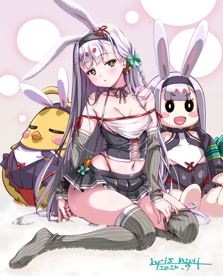 :d animal_ears azur_lane bare_shoulders blunt_bangs blush braid breasts character_doll eyeliner female grey_thighhighs hairband highres long_hair looking_at_viewer makeup manjuu_(azur_lane) medium_breasts midriff navel panties parted_lips pleated_skirt rabbit_ears red_panties shimakaze_(azur_lane) sitting skirt smile striped_clothes striped_thighhighs thighhighs umyonge_(lkakeu) underwear vertical-striped_clothes vertical-striped_thighhighs white_hair yellow_eyes yokozuwari