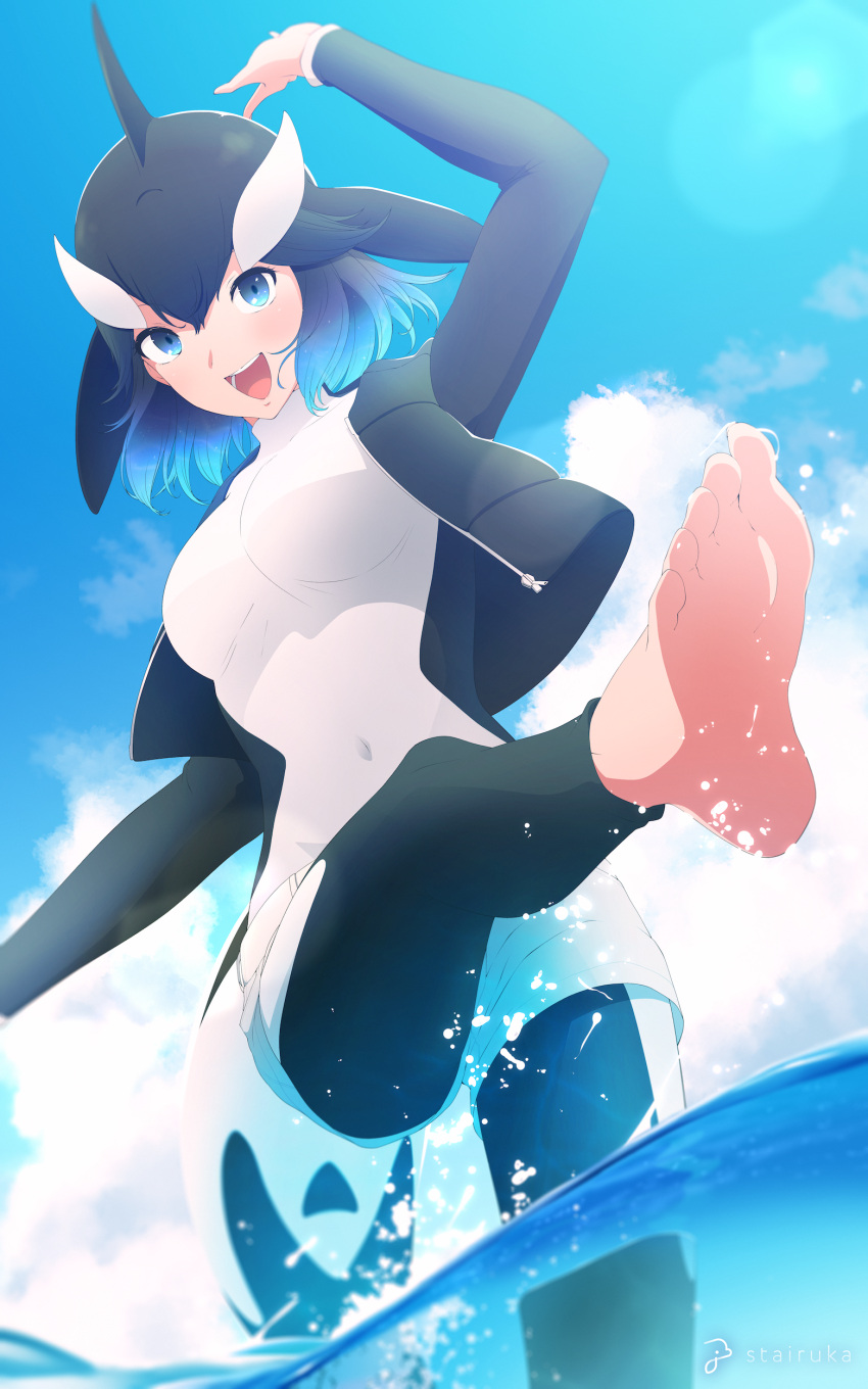 absurdres arm_up barefoot black_hair black_vest blowhole blue_eyes blue_hair blue_sky bodysuit bodysuit_under_clothes breasts cetacean_tail covered_navel day dolphin_girl dorsal_fin female fins fish_tail gradient_hair hair_between_eyes hair_ornament head_fins highres kemono_friends killer_whale_(kemono_friends)_(stylecase) large_breasts leg_up long_sleeves looking_at_viewer medium_hair multicolored_hair open_clothes open_mouth open_vest orca_girl original outdoors outstretched_leg short_shorts shorts sky smile soles solo splashing standing standing_on_one_leg stylecase sunlight tail toes twisted_torso vest wading water white_shorts