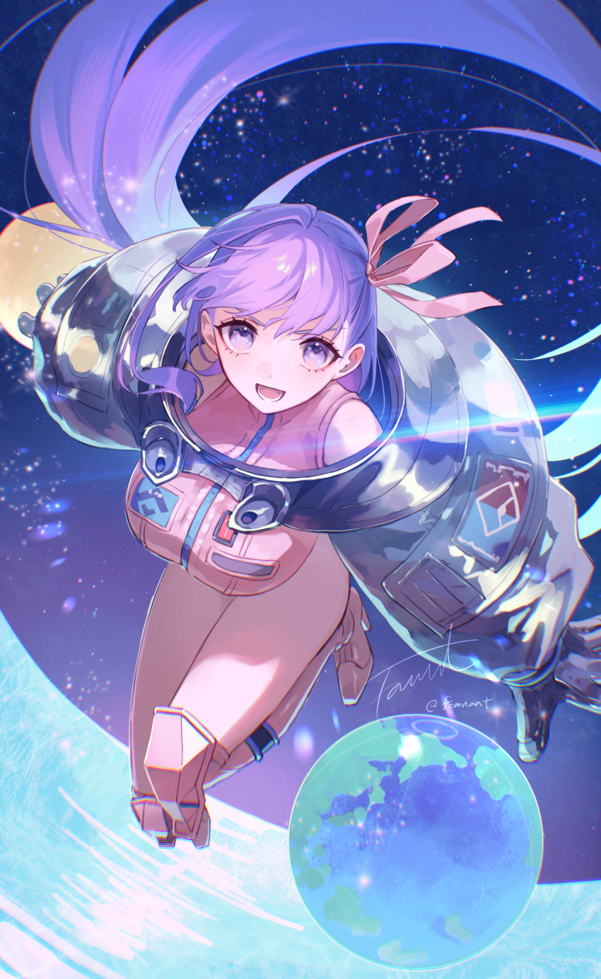 bare_legs bb_cosmo_(fate) breasts earth_(planet) fate/grand_order fate_(series) female fomnant gloves grey_gloves hair_ribbon highres in_orbit jumpsuit large_breasts leotard long_hair looking_at_viewer moon open_mouth pink_footwear pink_jumpsuit pink_leotard pink_ribbon planet purple_eyes purple_hair ribbon shrug_(clothing) sky solo space spacesuit star_(sky) starry_sky very_long_hair zero_gravity