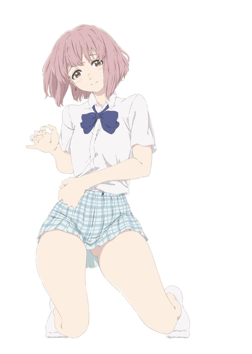 ankle_socks ass_visible_through_thighs blue_bow blue_bowtie blue_skirt bob_cut bow bowtie brown_eyes dress_shirt earrings female full_body highres jewelry koe_no_katachi light_blush looking_at_viewer medium_hair nishimiya_shouko pink_hair plaid_clothes plaid_skirt pleated_skirt shirt skirt socks solo tanaka29556626 tareme white_background