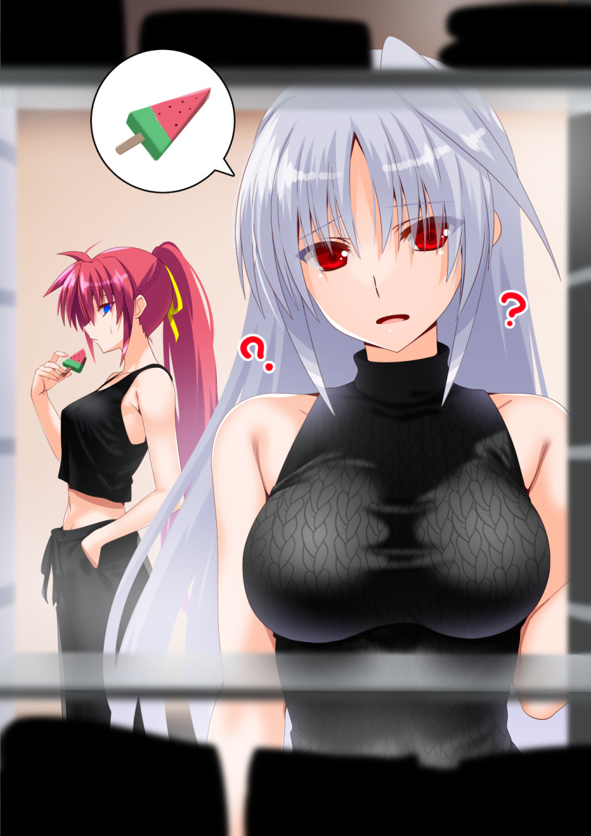 2girls ? bare_shoulders black_sweater black_tank_top blue_eyes blue_hair braid breasts closed_mouth engo_(aquawatery) flying_sweatdrops food food_theft gym_pants hair_rings hand_in_pocket highres indoors large_breasts long_hair looking_at_another lyrical_nanoha multiple_girls open_mouth pink_hair ponytail popsicle red_eyes reinforce signum sweater tank_top watermelon_bar