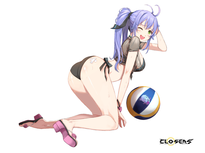 ;d alternate_hair_color antenna_hair ass bandaid bandaid_on_ass bare_legs bikini black_bikini black_ribbon black_shirt blue_hair blush breasts closers copyright_name crossed_bandaids embarrassed female flower footwear_flower from_side full_body furrowed_brow green_eyes hair_ribbon hand_on_own_head hand_up highres kneeling leaning_forward logo long_hair looking_at_viewer medium_breasts official_art one_eye_closed open_mouth pink_flower pink_footwear ponytail ribbon sandals see-through see-through_shirt shirt short_sleeves side-tie_bikini_bottom smile solo soma_(closers) sweat swimsuit tachi-e teeth tied_shirt upper_teeth_only variant_set volleyball wet wet_clothes wet_shirt white_background wrist_ribbon