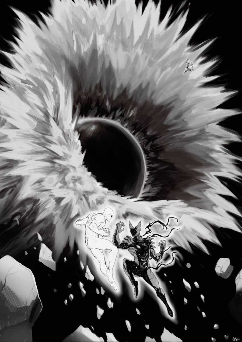 2boys ass awakened_garou_(cosmic_fear_mode) bald commentary completely_nude darkness fighting garou_(one-punch_man) greyscale hashtag-only_commentary highres male_focus monochrome multiple_boys muscular muscular_male nnsee_d nude one-punch_man planet rock saitama_(one-punch_man) signature space