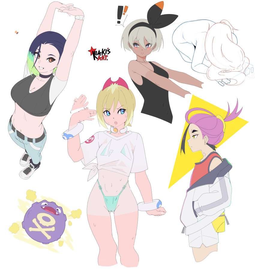 ! 1boy 4girls :o absurdres arms_up bea_(pokemon) belt bikini black_bodysuit black_choker black_hair black_hairband black_socks blonde_hair blue_eyes blue_hair blush_stickers bodysuit bow_hairband bracelet breasts bright_pupils brown_eyes choker cleavage closed_mouth commentary covered_navel expressionless fanning_self fanny_pack green_bikini grey_eyes grey_hair grin hair_between_eyes hairband half-closed_eyes hand_in_pocket hand_up highres irida_(pokemon) jacket jewelry kiakisart kieran_(pokemon) koffing looking_to_the_side loose_hair_strand midriff mole mole_on_neck multicolored_hair multiple_girls navel neck_ring off_shoulder open_mouth own_hands_together pants perrin_(pokemon) pokemon pokemon_(creature) pokemon_legends:_arceus pokemon_sv pokemon_swsh purple_hair red_shirt shirt shoes short_hair short_sleeves shorts sideways_glance sleeveless sleeveless_bodysuit sleeveless_shirt smile sneakers socks split_mouth spoken_exclamation_mark standing stretching sweat swimsuit swimsuit_under_clothes tan tanlines teeth tied_shirt two-tone_hair vest white_background white_footwear white_jacket white_pupils white_shirt white_shorts yellow_bag yellow_eyes zipper_pull_tab