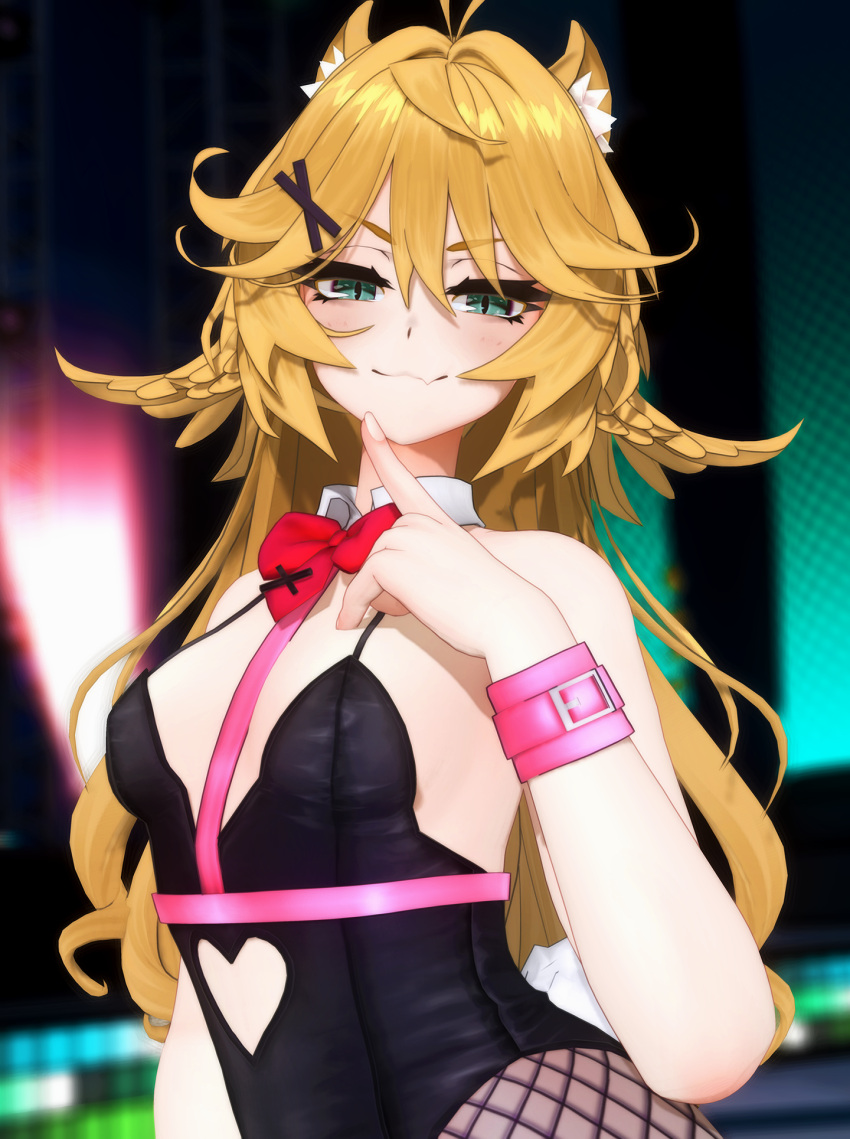 3d alternate_costume animal_ears black_leotard blonde_hair blurry blurry_background bow bowtie clothing_cutout commentary custom_maid_3d_2 detached_collar dokibird_(vtuber) dokibird_(vtuber)_(bounty_hunter) english_commentary eyelashes female fishnet_pantyhose fishnets green_eyes hair_ornament half-closed_eyes heart_cutout highres indie_virtual_youtuber indoors leotard long_hair looking_at_viewer loshi_cm3d2 naughty_face oerba_yun_fang pantyhose red_bow red_bowtie skin_fang smile solo stomach_cutout upper_body v-shaped_eyebrows virtual_youtuber x_hair_ornament