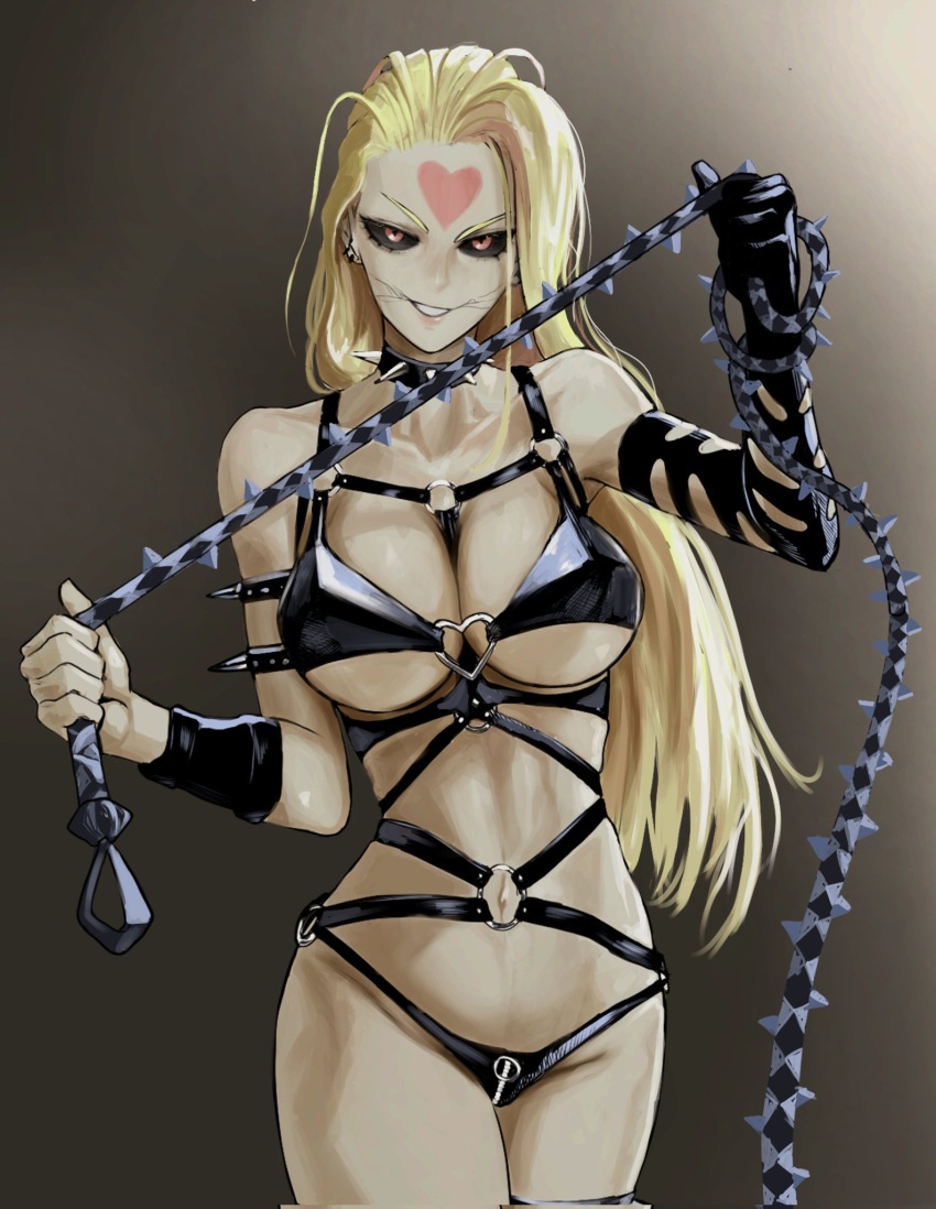 arm_strap black_sclera blonde_hair bondage_outfit breasts collar colored_sclera commentary cowboy_shot dominatrix facial_mark female forehead_mark glasgow_smile grin hashtag-only_commentary heart_o-ring heart_ring_top highres holding holding_whip kaijin_hime_do-s large_breasts long_hair navel nnsee_d one-punch_man red_eyes smile solo spiked_collar spikes