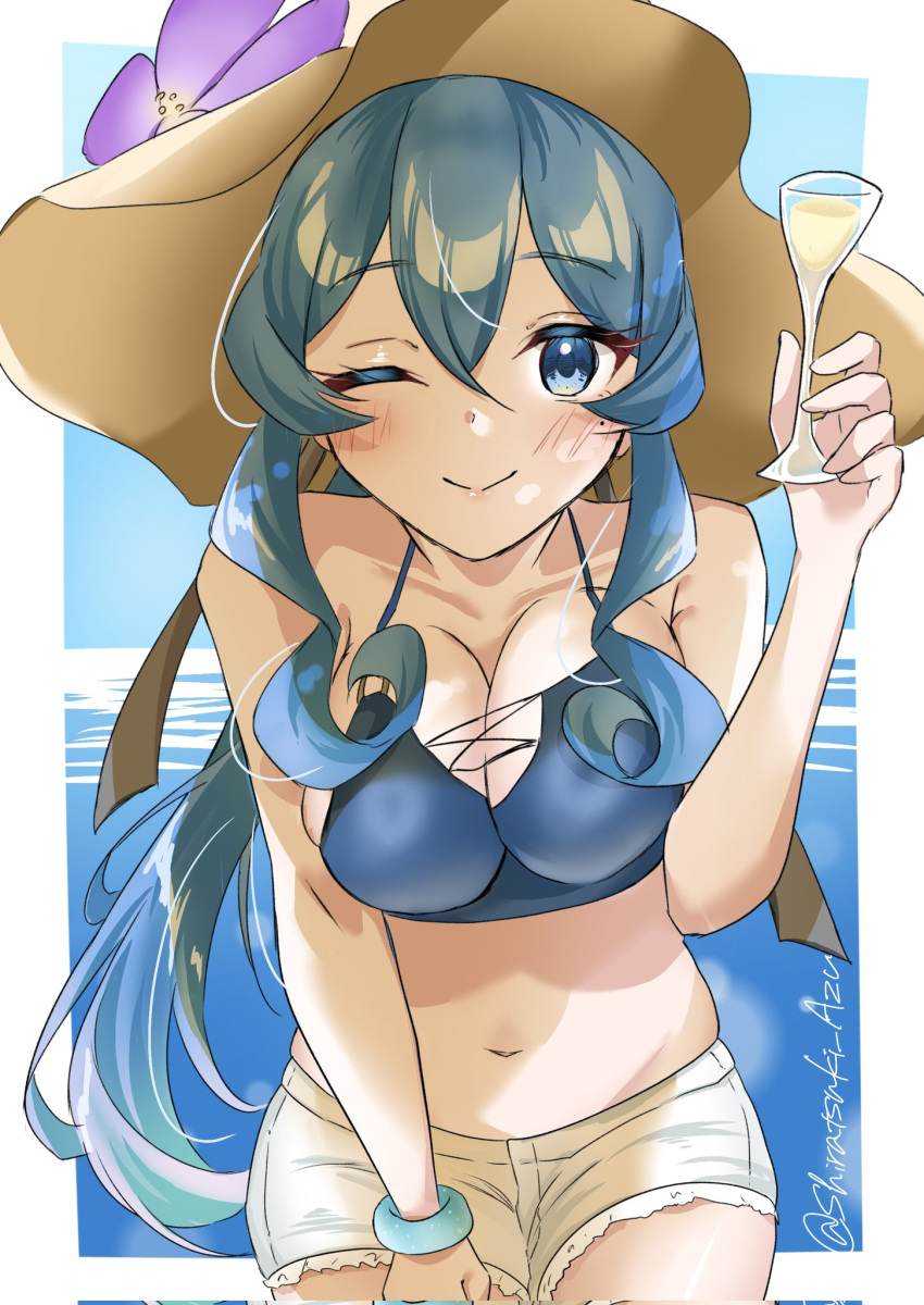 bare_shoulders bikini blue_bikini blue_eyes blue_hair border breasts cleavage corrupted_twitter_file cup drinking_glass female flower gotland_(kancolle) gotland_(swimsuit_mode)_(kancolle) hair_between_eyes hat hat_flower highres holding holding_cup kantai_collection large_breasts long_hair looking_at_viewer mole mole_under_eye navel one-hour_drawing_challenge purple_flower shiratsuki_azu shorts solo sun_hat swimsuit white_border white_shorts