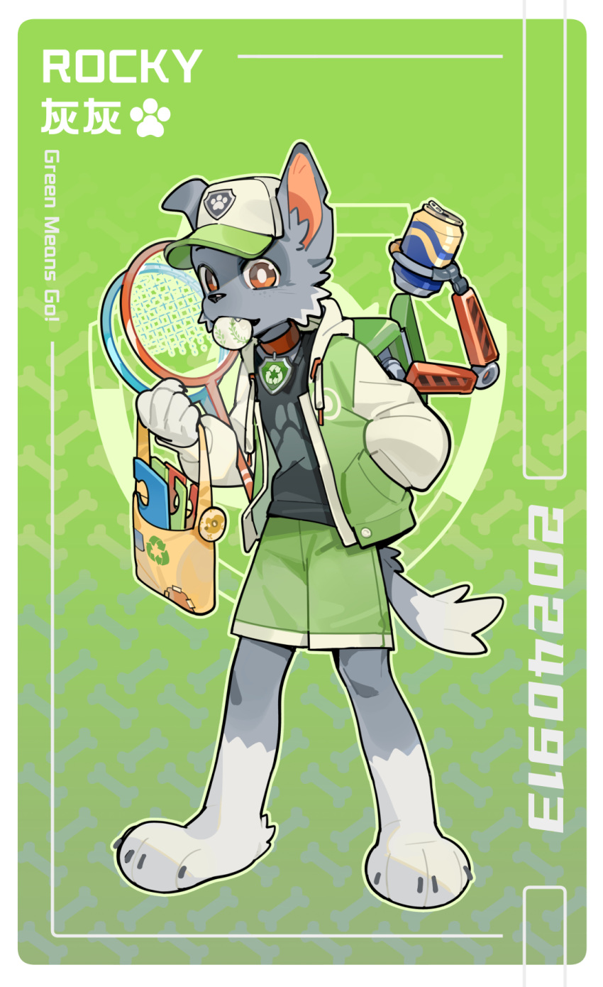 2024 5_fingers anthro ball beverage_can biped bottomwear canid canine canis claws clothed clothing dipstick_tail domestic_dog english_text fingers fur green_bottomwear green_clothing green_shorts grey_body grey_fur hat headgear headwear hi_res kemono leg_markings male mammal markings paw_patrol rakkasei recycling_symbol rocky_(paw_patrol) shorts socks_(marking) solo tail tail_markings text