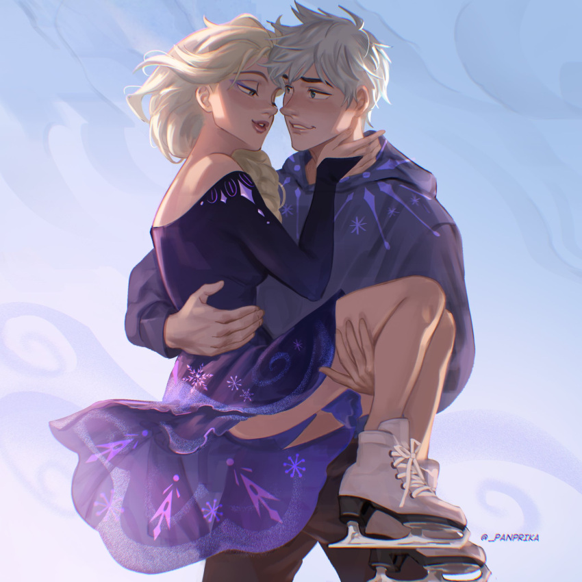 1boy artist_name blonde_hair blue_eyes braid braided_ponytail brown_pants carrying crossover dress elsa_(frozen) eyeshadow female frozen_(disney) grey_hoodie highres hood hoodie ice_skates jack_frost_(rise_of_the_guardians) long_hair makeup outdoors panprika11 pants princess_carry print_dress print_hoodie purple_dress purple_eyeshadow rise_of_the_guardians short_dress short_hair skates snowflake_print white_hair