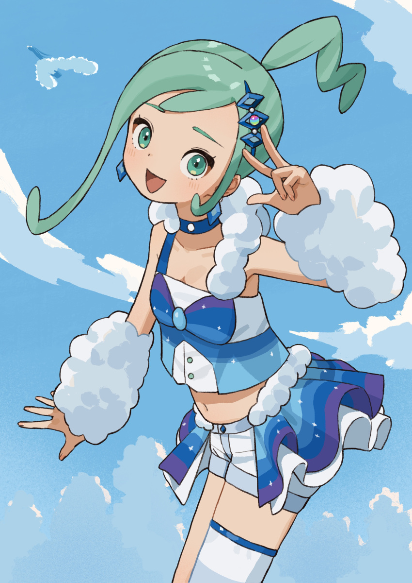 :d absurdres altaria arm_warmers blue_choker blue_skirt choker collarbone commentary_request day earrings female green_eyes green_hair hair_ornament hand_up highres jewelry lisia_(pokemon) looking_at_viewer mashiro_ka navel open_mouth outdoors pokemon pokemon_(creature) pokemon_oras ponytail shorts sidelocks single_thighhigh skirt sky smile thighhighs vest w white_shorts