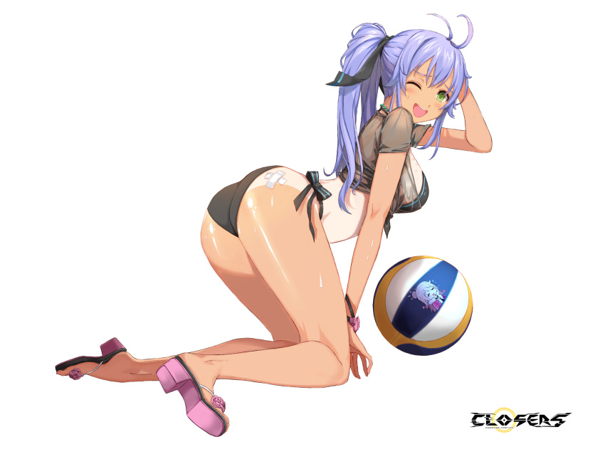 ;d alternate_hair_color antenna_hair ass bandaid bandaid_on_ass bare_legs bikini black_bikini black_ribbon black_shirt blue_hair blush breasts closers copyright_name crossed_bandaids embarrassed female flower footwear_flower from_side full_body furrowed_brow green_eyes hair_ribbon hand_on_own_head hand_up highres kneeling leaning_forward logo long_hair looking_at_viewer medium_breasts official_art one-piece_tan one_eye_closed open_mouth pink_flower pink_footwear ponytail ribbon sandals see-through see-through_shirt shirt short_sleeves side-tie_bikini_bottom smile solo soma_(closers) sweat swimsuit tachi-e tan tanlines teeth tied_shirt upper_teeth_only variant_set volleyball wet wet_clothes wet_shirt white_background wrist_ribbon