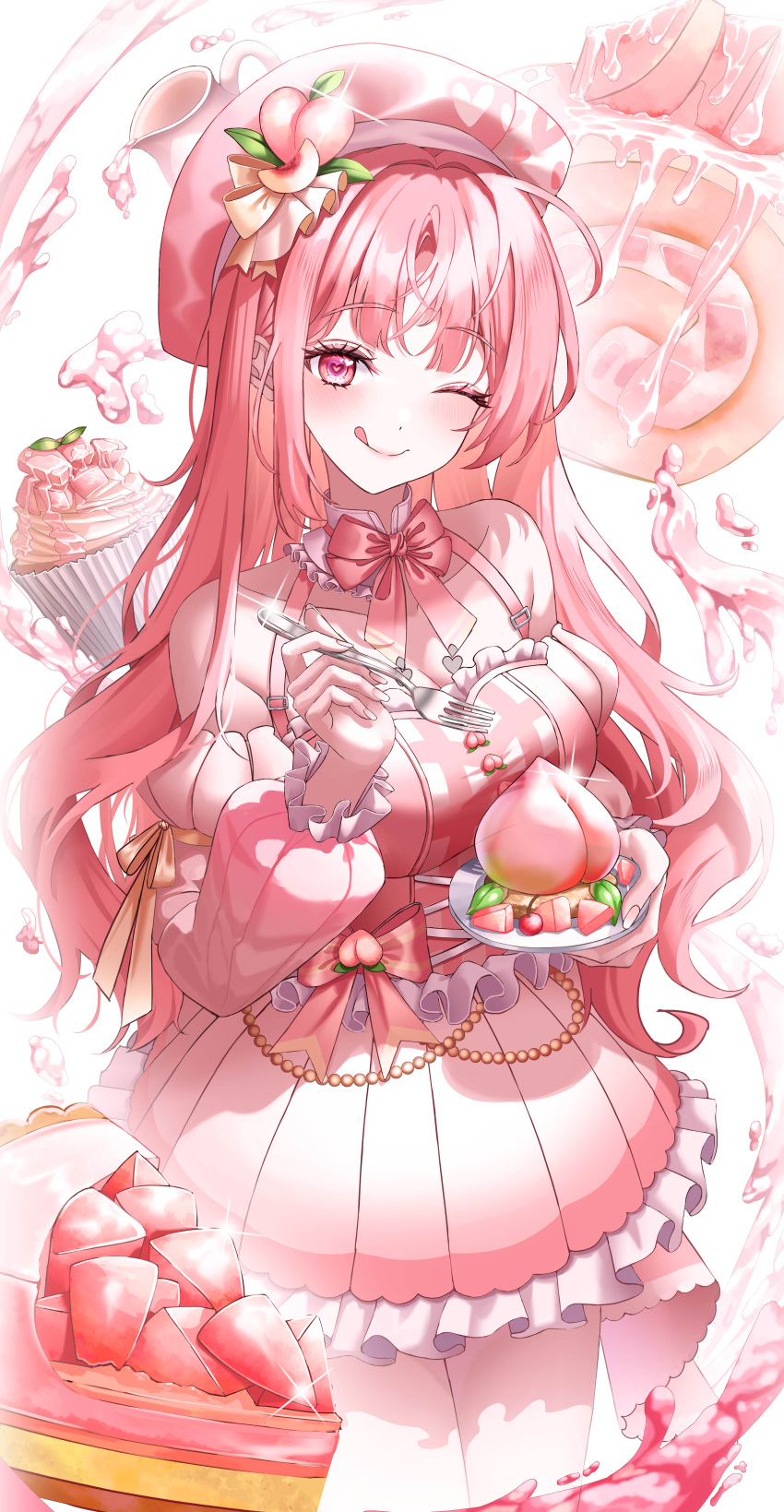 :p absurdres ahoge bow bowtie cake cake_slice character_request dress female flower_hat food fork fruit hat heart heart-shaped_pupils highres holding holding_fork long_hair multicolored_hair one_eye_closed original parted_bangs peach pink_bow pink_bowtie pink_dress pink_hair pleated_skirt savid_at skirt solo symbol-shaped_pupils tongue tongue_out twintails