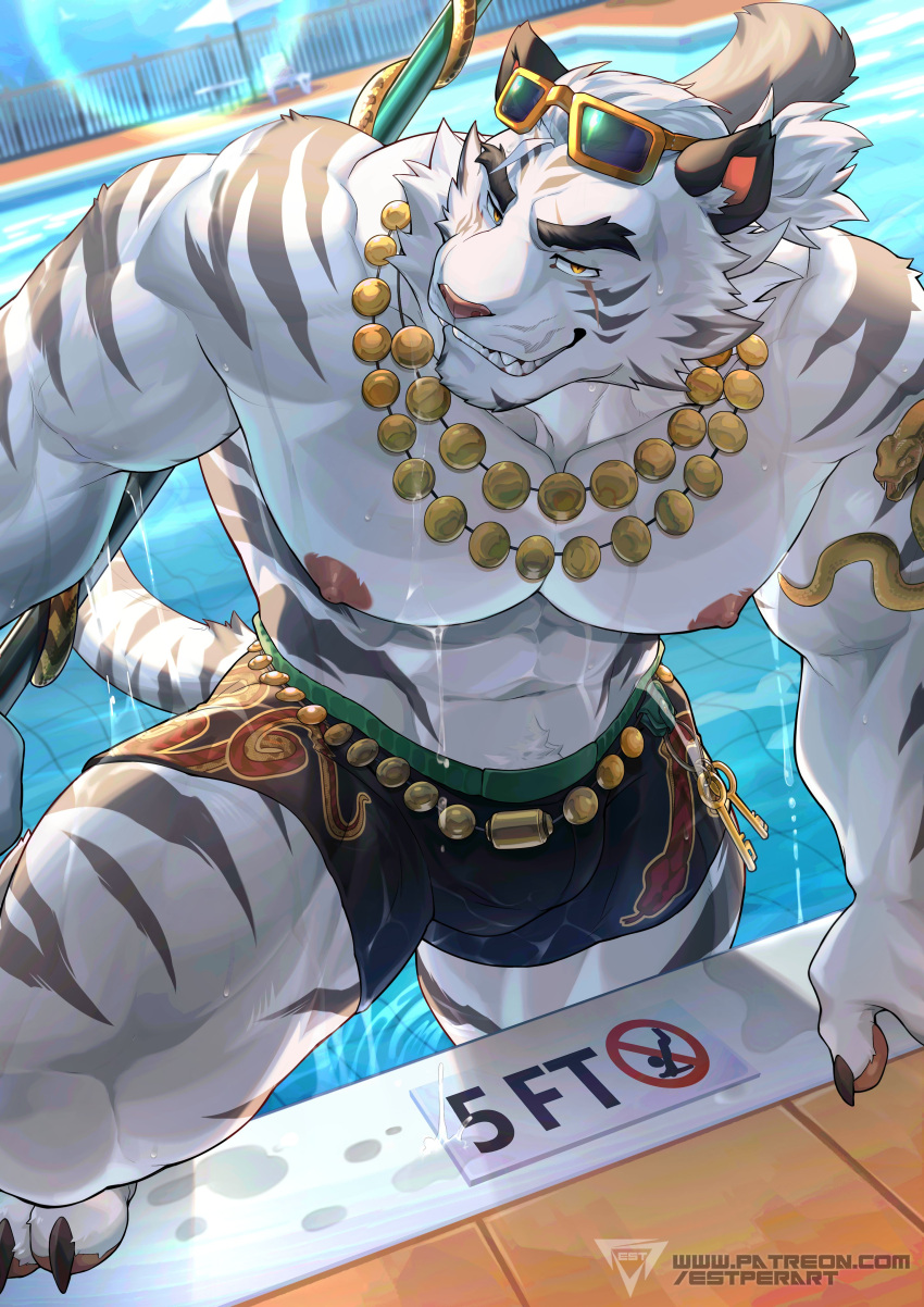 1boy abs absurdres animal_ears artist_logo bara black_male_swimwear black_shorts chair claws dislyte dripping english_commentary estper eyewear_on_head fangs fence furry furry_male highres holding holding_oar jin_qiu_(ru_shou)_(dislyte) jin_qiu_(ru_shou)_(wild_python)_(dislyte) looking_at_viewer male_focus male_swimwear multiple_necklaces muscular muscular_male navel nipples oar official_alternate_costume pawpads pectorals ponytail pool scar scar_across_eye shorts smile sun_glare table tail thick_eyebrows tiger_boy tiger_ears tiger_stripes tiger_tail topless_male umbrella water wet white_umbrella yellow_eyes