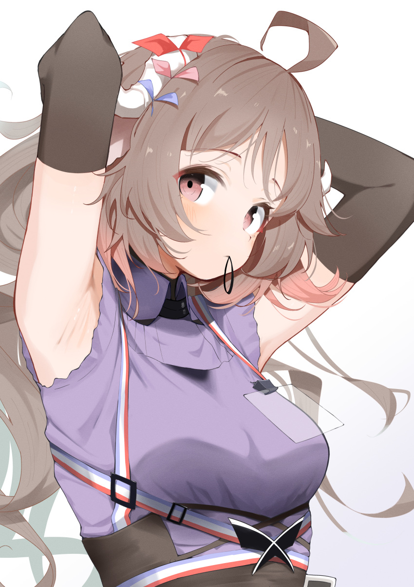 absurdres adjusting_hair ahoge animal_ears arknights armpits arms_behind_head arms_up blush breasts brown_hair commentary_request eyjafjalla_(arknights) eyjafjalla_the_hvit_aska_(arknights) female highres horns long_hair looking_at_viewer medium_breasts mouth_hold pcaccount13 purple_shirt red_eyes sheep_ears sheep_girl sheep_horns shirt simple_background solo white_background