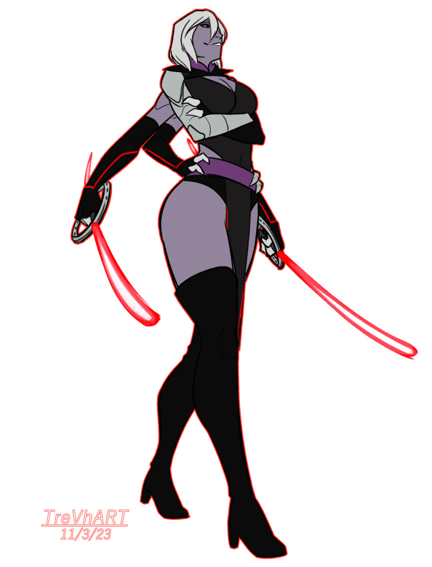 6_arms arachnid arthropod boots breasts cleavage clothed clothing crossed_arms dress female footwear hands_on_hips hi_res legwear lightsabers multi_arm multi_limb robotic_arms shoes sith smile spider star_wars thigh_boots thigh_highs trevhart