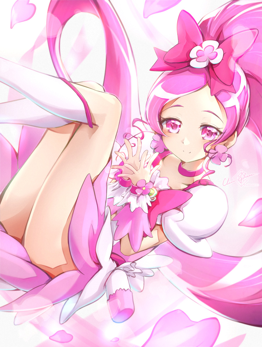 ass boots bow brooch choker clear_glass_(mildmild1311) cure_blossom earrings flower_earrings hair_ornament hanasaki_tsubomi heart heart_brooch heartcatch_precure! high_ponytail highres jewelry long_hair magical_girl petals pink_arm_warmers pink_bow pink_choker pink_eyes pink_wrist_cuffs ponytail precure smile white_background wrist_cuffs